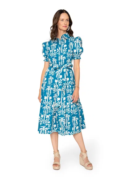 Leota Octavia Puff Sleeve Shirt Dress Palm Fields Mykonos Blue In Multi