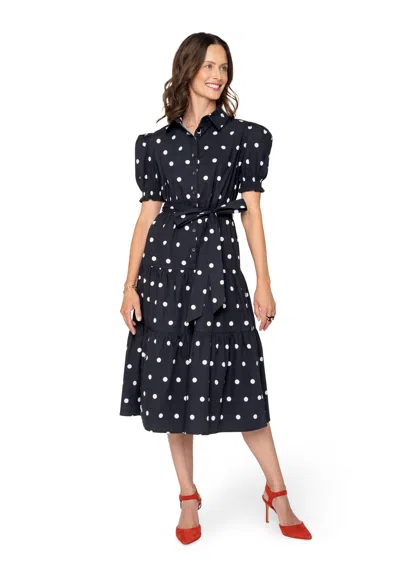 Leota Octavia Puff Sleeve Shirt Dress Small Polka Black White In Blue