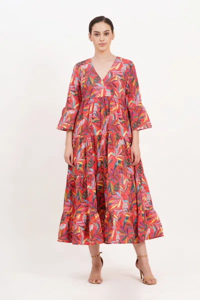 Leota Sariah Poplin Maxi Dress Palm Foliage Poppy Red In Multi