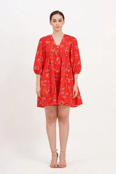 Leota Zariah Empire Waist Mini Dress Lucky Cheetah Poppy Red In Multi