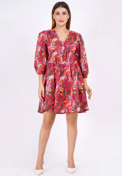 Leota Zariah Empire Waist Mini Dress Palm Foliage Poppy Red