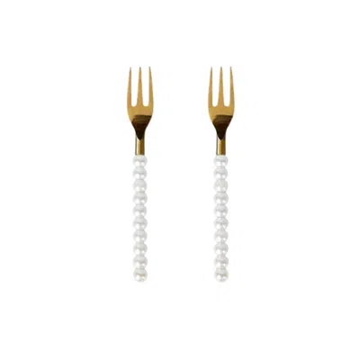 Lepelclub Gold / White  Gold Pearl Forks Set Of Two