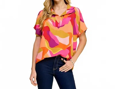 Les Amis Collared Abstract Printed Top In Orange Multi