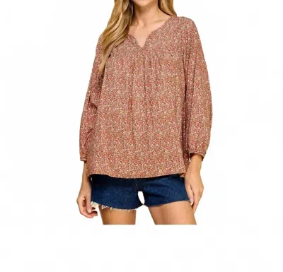 Les Amis Floral Printed Top With V Neck Detail In Rust In Multi