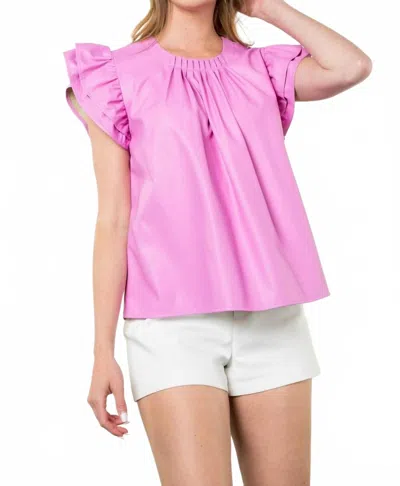 Les Amis Kam Flutter Sleeve Leather Top In Cyclamen In Animal Print