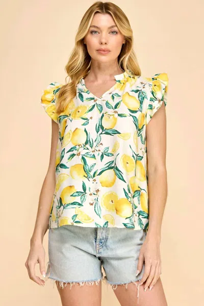 Les Amis Limoncello Ruffle Sleeve Top In Yellow In Multi