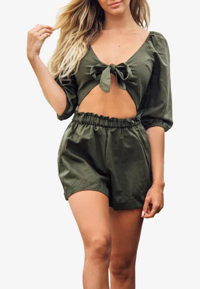 Les Canebiers Enchanteur Cropped Top And Shorts Set In Khaki In Green