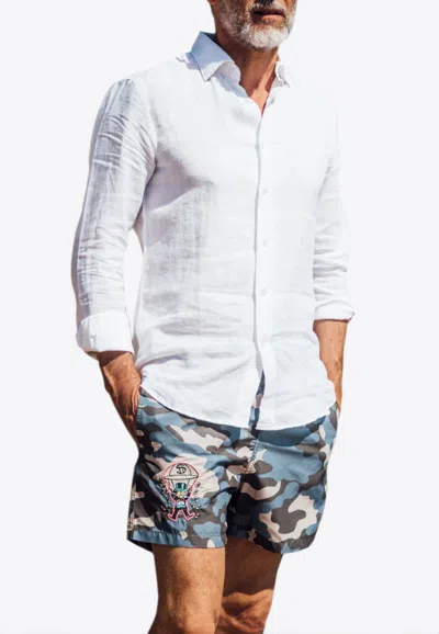 Les Canebiers Ermitage Court Camo Swim Shorts With Mono Embroidery In Blue