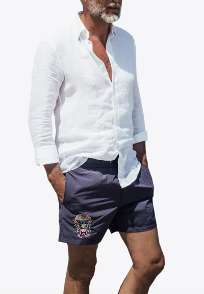 Les Canebiers Ermitage Court Golden Mono Embroidery Swim Shorts In Blue