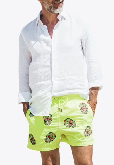 Les Canebiers Mexican Head Embroidery Swim Shorts In Yellow