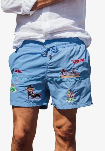 Les Canebiers Pampelonne Embroidered Swim Shorts In Blue