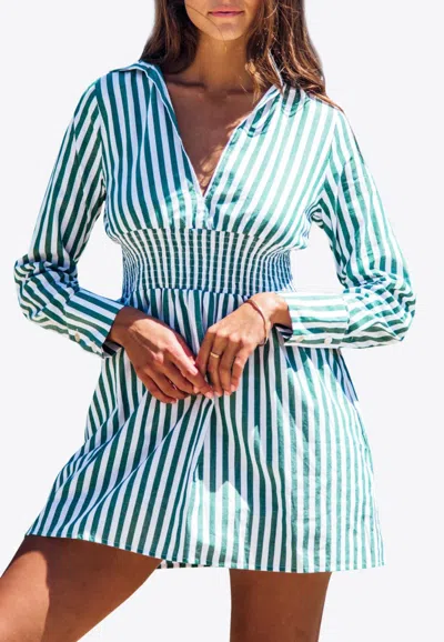 Les Canebiers Vignes Elastic Waist Striped Mini Dress In Green