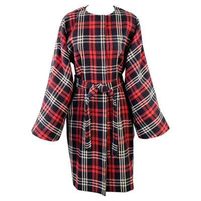Pre-owned Les Copains Size S Black Red White Wool Plaid Collarless Belted Coat