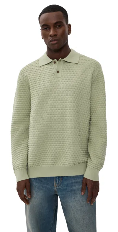 Les Deux Billy Weave Knitted Long Sleeve Polo Tea Green