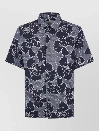 Les Deux Charlie Poppy Pattern Short Sleeve Knit Cotton Blend Button-up Shirt In Black