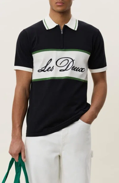 Les Deux Colorblock Cotton Zip Polo In Black