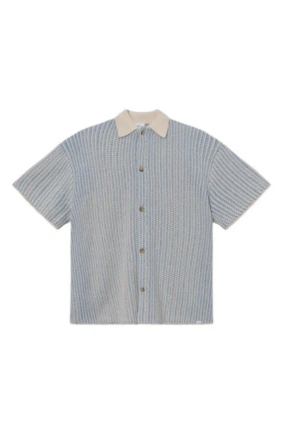 Les Deux Easton Short Sleeve Button-up Sweater In Washed Denim Blue/ Ivory