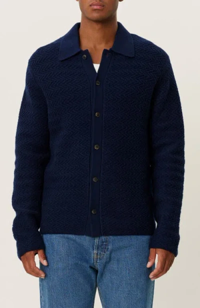 Les Deux Finnegan Herringbone Stitch Wool Cardigan In Dark Navy