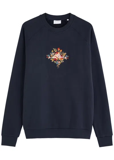 Les Deux Fiore Floral And Logo Embroidered Cotton Sweatshirt In Navy