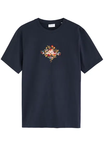 Les Deux Fiore Floral And Logo-embroidered Cotton T-shirt In Navy