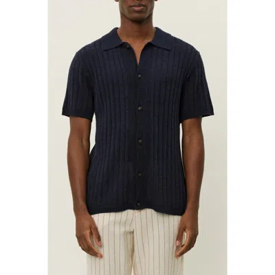 Les Deux Floyd Knit Short Sleeve Button-up Shirt In Blue
