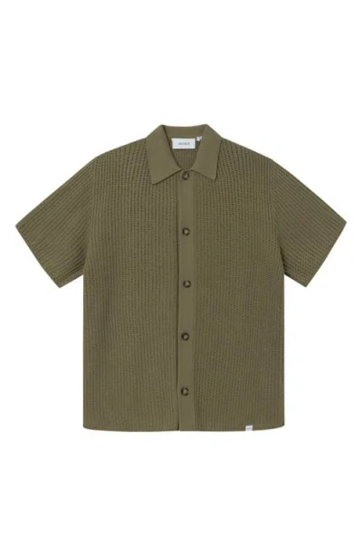 Les Deux Gustavo Short Sleeve Knit Button-up Shirt In Surplus Green