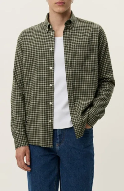 Les Deux Konrad Microcheck Flannel Button-down Shirt In Green