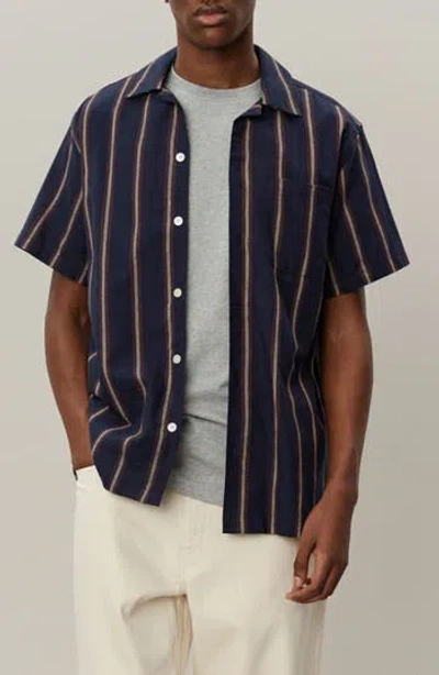 Les Deux Lawson Stripe Camp Shirt In Blue