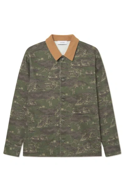 Les Deux Layton 2.0 Camouflage Denim Overshirt In Chive Green/summer Melon
