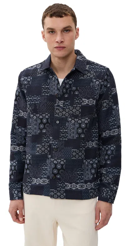 LES DEUX LAYTON CONTRAST JACQUARD OVERSHIRT DENIM BLUE