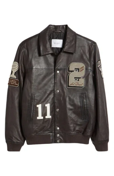 Les Deux Leather Varsity Jacket In Dark Brown