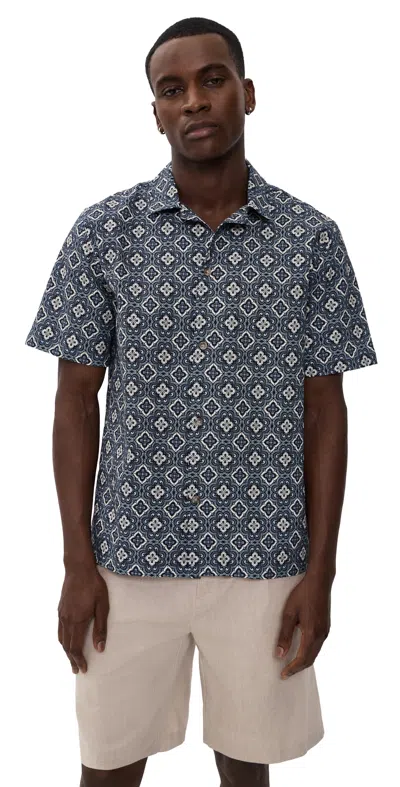 Les Deux Lukas Arabesque Short Sleeve Shirt Blue Fog