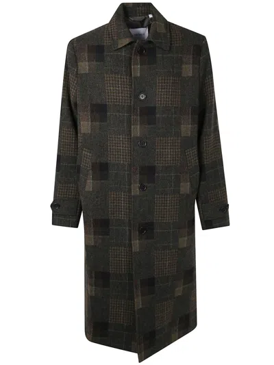 Les Deux Long Checkered Wool Coat With Notched Lapel In Animal Print