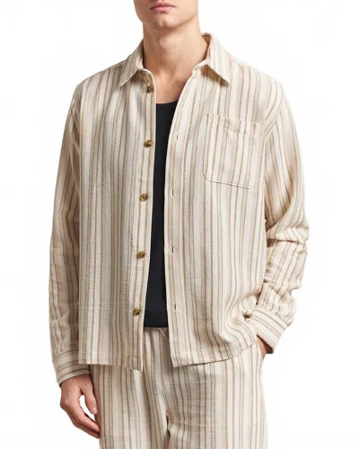 LES DEUX MEN'S SHANE STRIPE COTTON OVERSHIRT IN IVORY-LICHEN GREEN