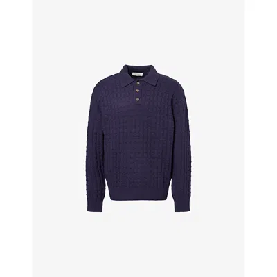 Les Deux Mens  Gustav Squared-structure Knitted Wool-blend Polo Jumper In Blue