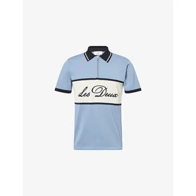 Les Deux Mens Faded Denim Blue Knitted Zipper Cotton Polo T-shirt