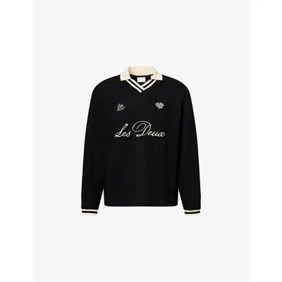 Les Deux Mens Black Brand-embroidered Waffle-knit Cotton-blend Football Jersey Jumper
