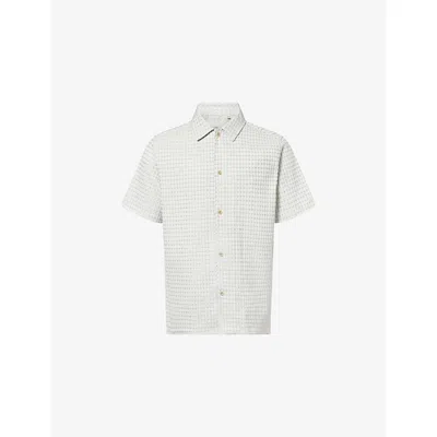 Les Deux Mens Light Ivory Check Seersucker Short-sleeve Cotton Shirt Xxl In White