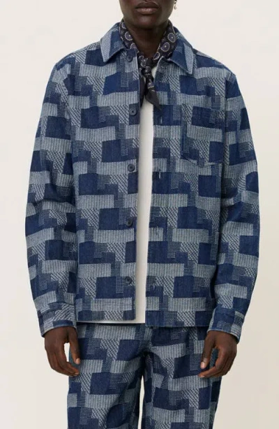 Les Deux Patchwork Jacquard Cotton Overshirt In Dark Denim Blue