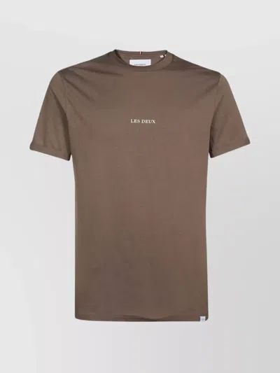 Les Deux Ribbed Crew-neck Cotton T-shirt With Short Sleeves In 褐色