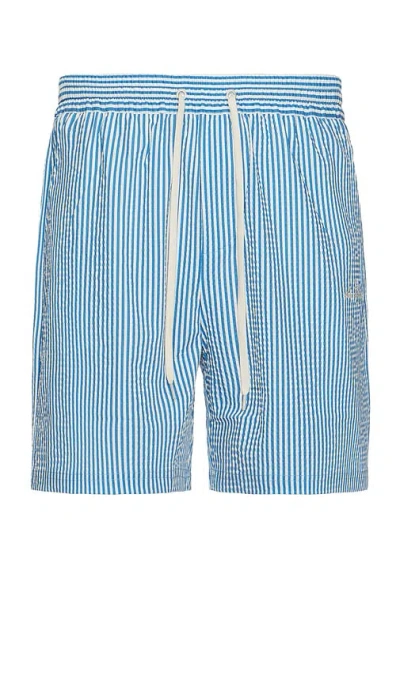 Les Deux Stan Stripe Seersucker Swim Shorts In Washed Denim Blue & Light Ivory