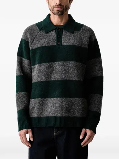 Les Deux Striped Long-sleeve Polo Sweater In Green