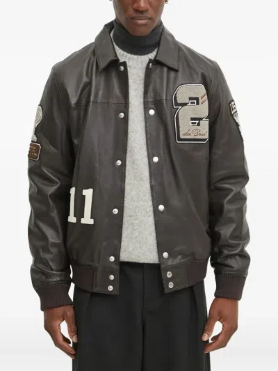 Les Deux Varsity Number-patch Leather Jacket In Gray