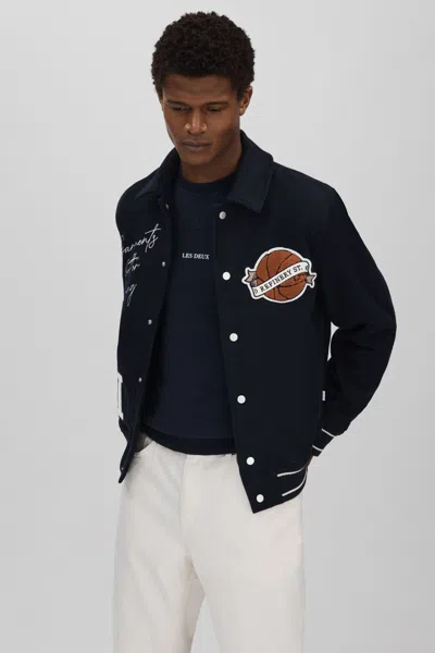 Les Deux Wool Blend Varsity Jacket In Dark Navy