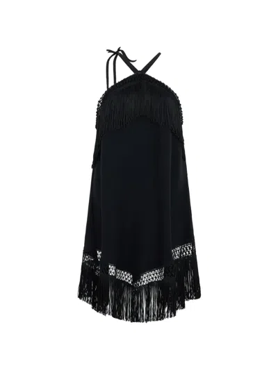 Les Filles D'eva Fringe-trimmed Crochet-knit Mini Dress In Black