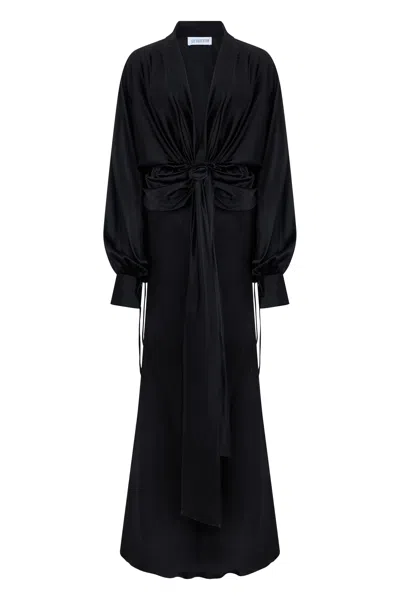 Les Filles D'eva Long Draped Satin Evening Dress With Wide Neckline And Long Sleeves In Black