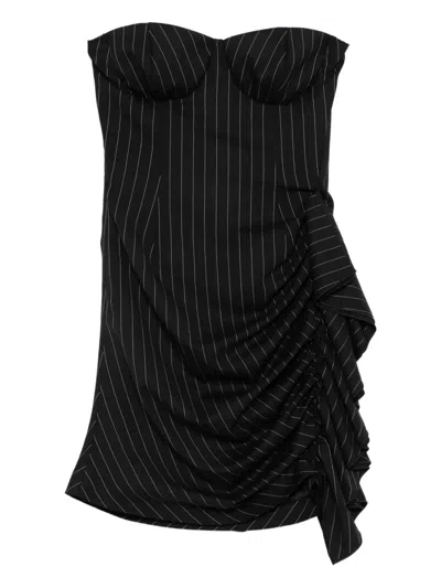 Les Filles D'eva Pinstriped Ruffled Asymmetric Cocktail Dress In Black