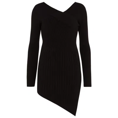 Les Friday Women's Black Sidney Ribbed Knit Off Shoulder Asymmetric Mini Dress