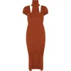 Les Friday Women's Brown Mystic Ribbed Knit Roll Neck Midi Bodycon Dress In Brown