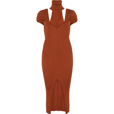 Les Friday Women's Brown Mystic Ribbed Knit Roll Neck Midi Bodycon Dress
